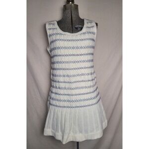 Vintage 50s 60s Knit Sweater White Tank Dress Ruffle Hem Blue Brown Mod Size M